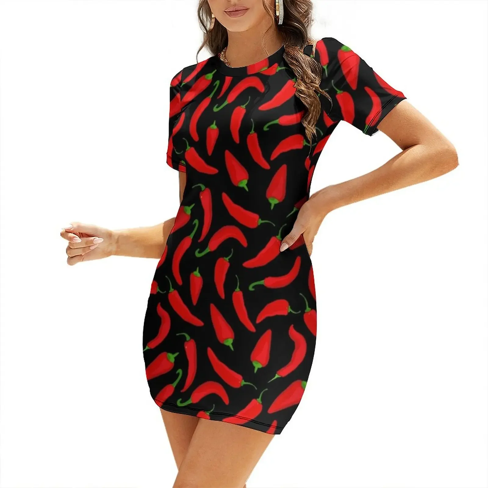 Summer Clothing Online - فستان قصير الأكمام بنمط الفلفل الأحمر